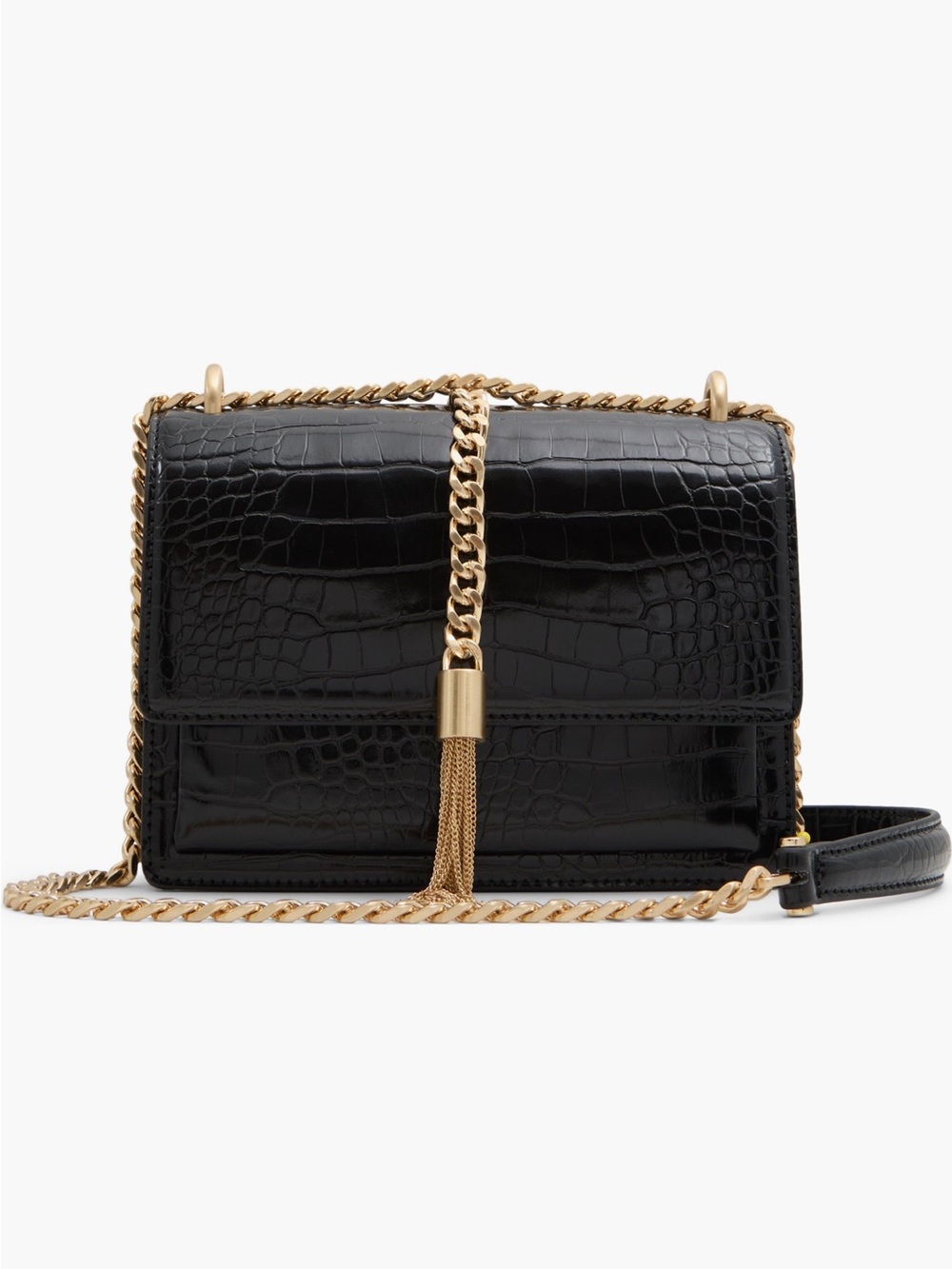 Aldo Black Croc-Embossed Crossbody with Gold Chain Tassel